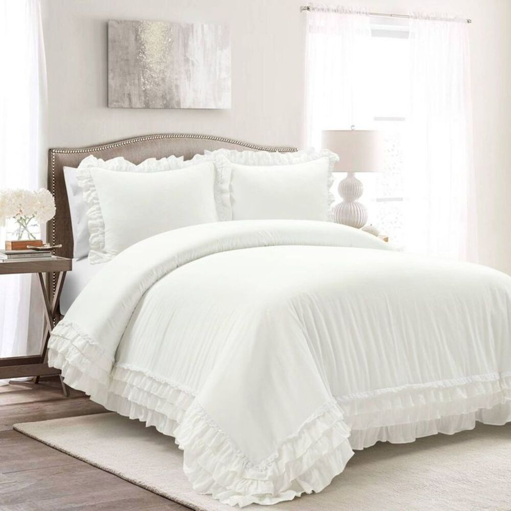 Lush Decor -  Cotton Duvet Cover Set Ruffles Lace Tri White